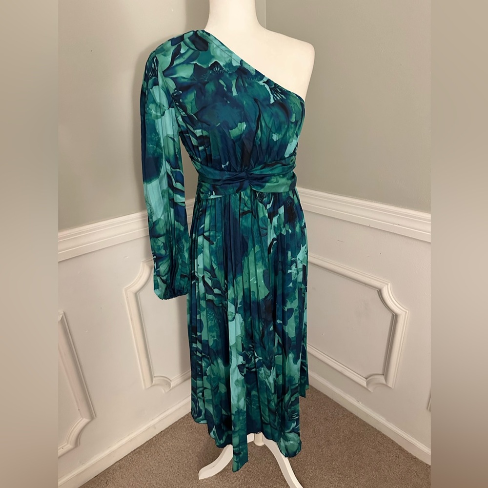 Blue and green one shoulder dress